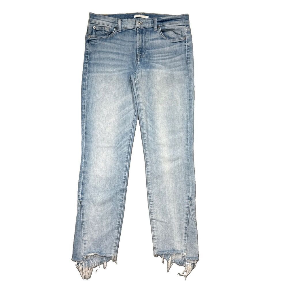 7 For All Mankind Fray Crop Ankle Jeans 28 (29x25) Light Wash Blue Stretch Women